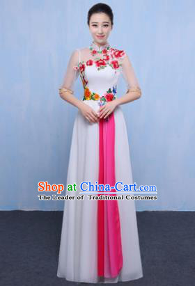 Chinese Traditional Chorus Singing Group Embroidered Costume, Compere Classical Dance White Dress for Women