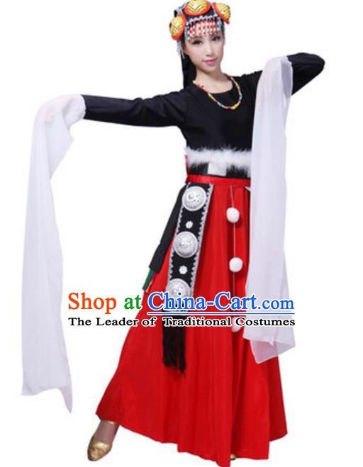 Traditional Chinese Tibetan Ethnic Dance Dress, China Zang Minority Folk Dance Costume and Headwear for Women