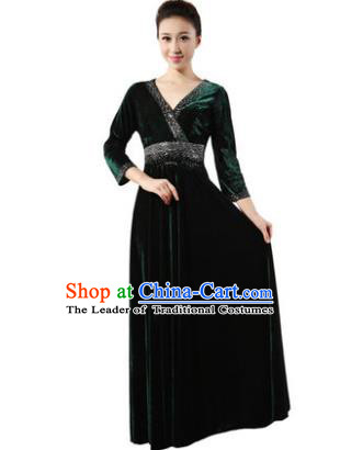 Traditional Chorus Singing Group Modern Dance Costume, Compere Classical Dance Atrovirens Velvet Dress for Women