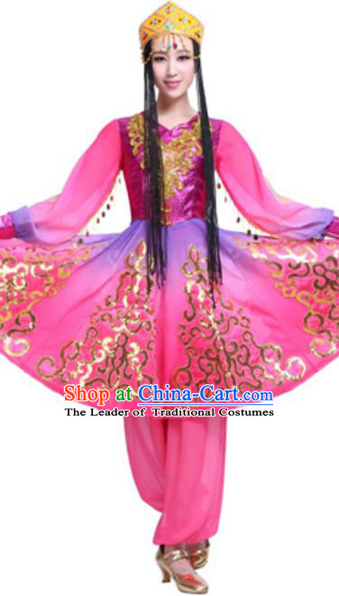 Traditional Chinese Uyghur Ethnic Dance Rosy Dress, Uigurian Minority Folk Dance Costume and Headwear for Women