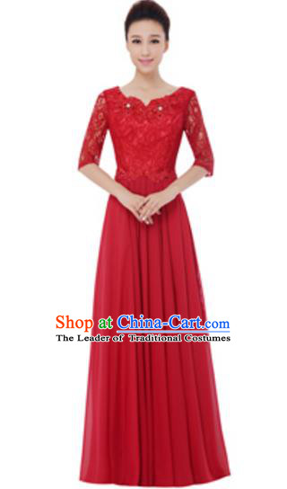 Top Grade Chorus Singing Group Red Lace Full Dress, Compere Modern Dance Costume for Women