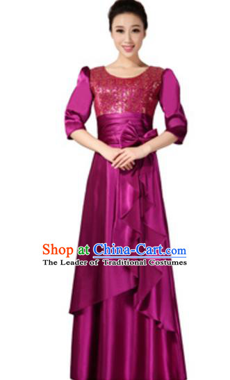 Top Grade Chorus Singing Group Amaranth Sequins Full Dress, Compere Classical Dance Costume for Women