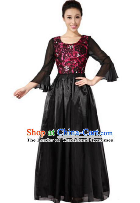 Top Grade Chorus Group Choir Mandarin Sleeve Black Full Dress, Compere Stage Performance Modern Dance Costume for Women