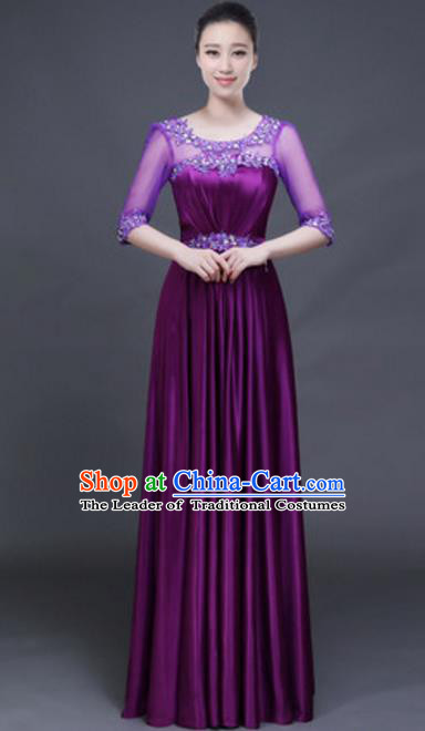 Top Grade Chorus Group Purple Full Dress, Compere Stage Performance Classical Dance Choir Costume for Women