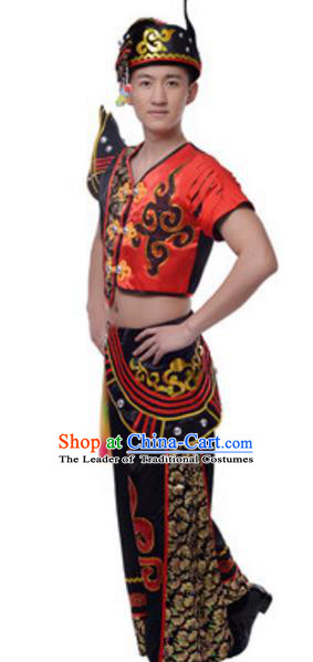 Traditional Chinese Yi Nationality Ethnic Clothing, China Yi Minority Folk Dance Costume and Hat for Men