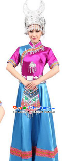 Traditional Chinese Miao Nationality Dance Rosy Dress, China Hmong Minority Folk Dance Ethnic Costume and Headwear for Women