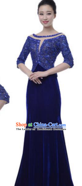 Top Grade Chinese Chorus Group Blue Full Dress, Compere Stage Performance Choir Costume for Women