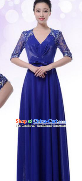 Top Grade Chorus Group Blue Full Dress, Compere Stage Performance Choir Costume for Women