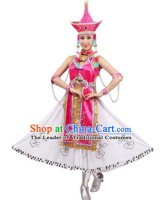 Traditional Chinese Mongolian Nationality Costume, Chinese Mongols Princess Ethnic Dance Pink Dress Clothing and Hat for Women