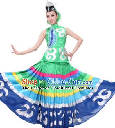 Traditional Chinese Yi Nationality Dance Green Dress, Chinese Yi Ethnic Dance Costume and Headwear for Women