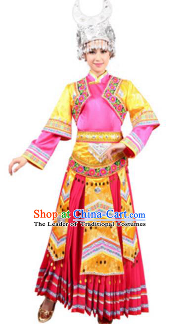 Traditional Chinese Miao Nationality Wedding Pink Pleated Skirt, Chinese Hmong Female Ethnic Folk Dance Costume and Headwear for Women