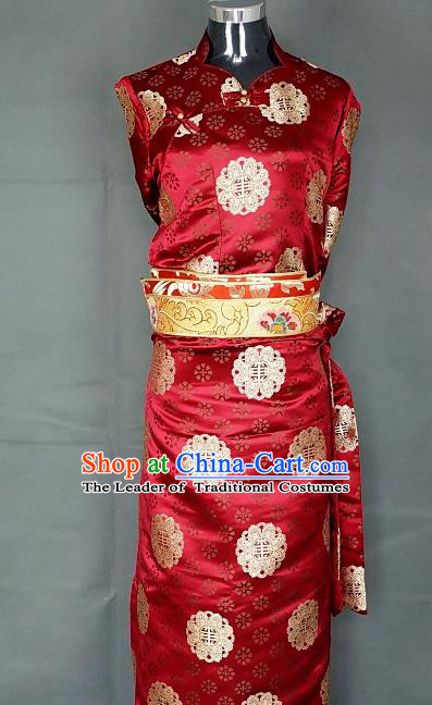 Chinese Traditional Zang Nationality Wine Red Dress, China Tibetan Heishui Dance Brocade Costume for Women