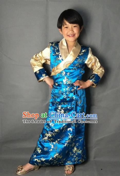 Chinese Traditional Zang Nationality Costume Blue Brocade Dress, China Tibetan Ethnic Clothing for Kids