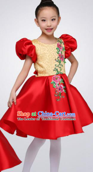 Top Grade Modern Dance Red Bubble Dress Stage Performance Chorus Costume for Kids