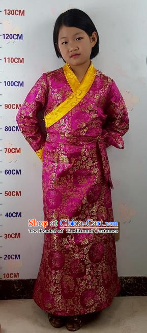 Chinese Traditional Zang Nationality Children Costume, China Tibetan Ethnic Rosy Brocade Dress for Kids