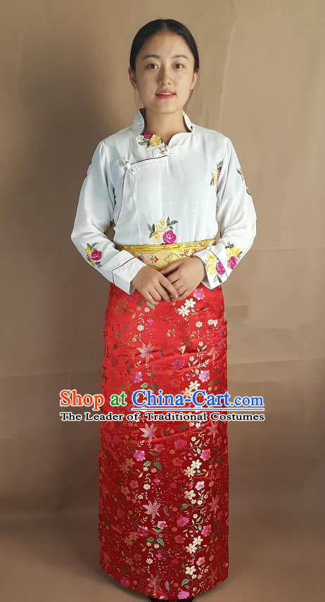 Chinese Traditional Zang Nationality Heishui Dance Costume, China Tibetan Red Brocade Skirt for Women