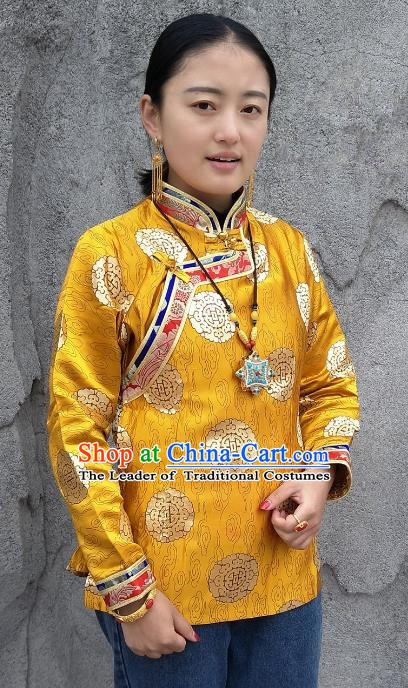 Chinese Traditional Zang Nationality Heishui Dance Costume, China Tibetan Yellow Brocade Shirt for Women