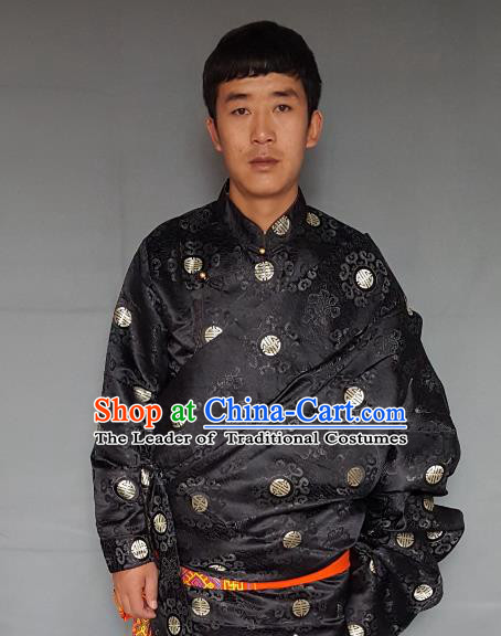 Chinese Traditional Zang Nationality Costume Black Tibetan Robe, China Tibetan Ethnic Embroidered Clothing for Men