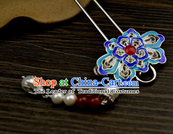 Chinese Traditional Ancient Hair Accessories Hanfu Hairpins Cloisonne Blueing Lotus Tassel Hair Clip Headwear for Women