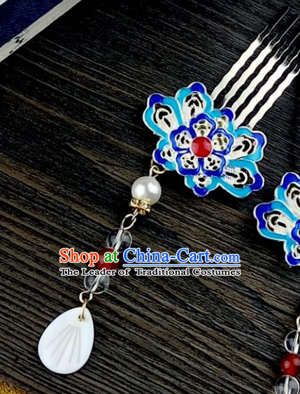 Chinese Traditional Ancient Hair Accessories Hanfu Hairpins Cloisonne Blueing Lotus Tassel Hair Combs Headwear for Women