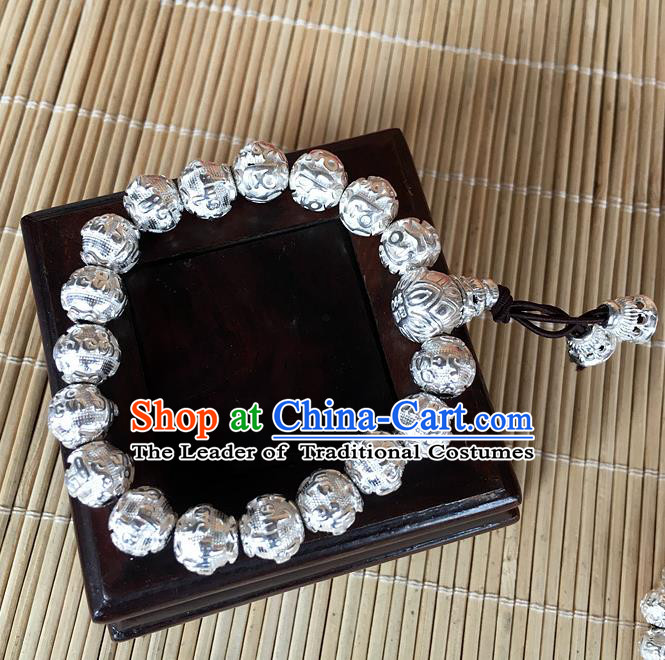 Handmade Chinese Miao Nationality Buddha Beads Sliver Bracelet Traditional Hmong Bangle for Women