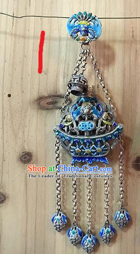 Handmade Chinese Miao Nationality Sachet Waist Accessories Sliver Hmong Blueing Pendant for Women