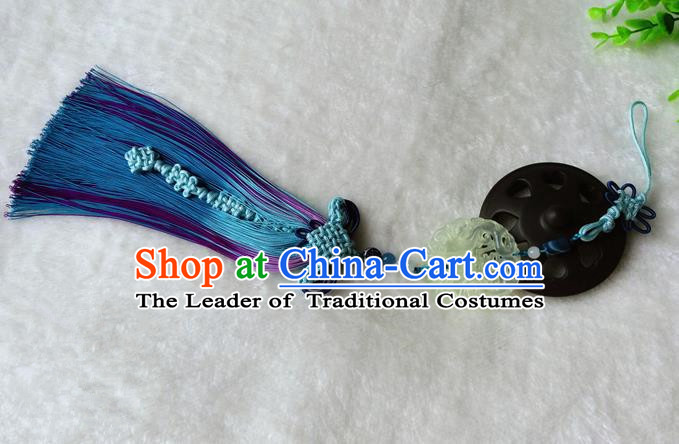 Handmade Chinese Ancient Jade Pendant Blue Tassel Waist Accessories for Women