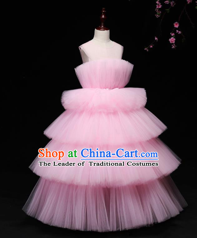 Children Modern Dance Costume Compere Full Dress Stage Piano Performance Pink Veil Bubble Dress for Kids