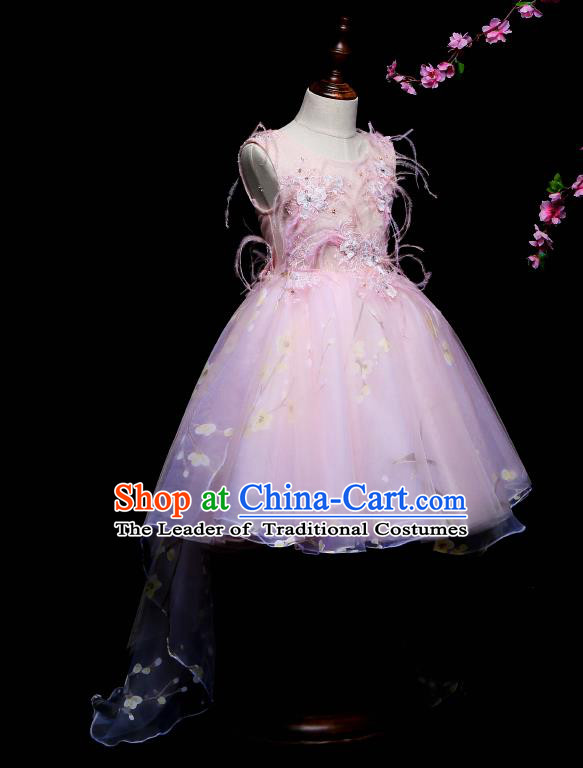 Children Modern Dance Costume Compere Pink Veil Trailing Full Dress Stage Piano Performance Princess Dress for Kids