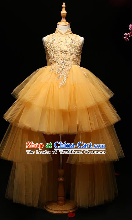 Children Modern Dance Costume Compere Full Dress Stage Performance Chorus Yellow Veil Trailing Dress for Kids