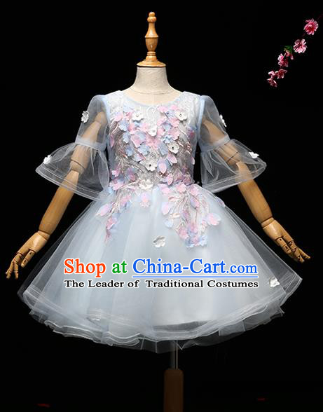 Children Modern Dance Costume Princess Full Dress Stage Performance Chorus Blue Bubble Dress for Kids