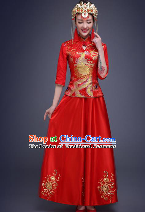 Top Grade Chinese Traditional Wedding Costumes Embroidered Red Xiuhe Suits Bride Toast Dress for Women