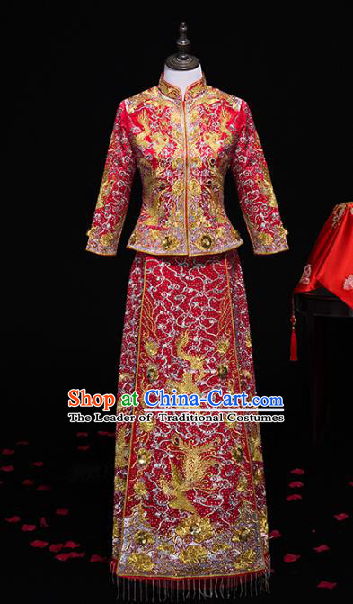 Top Grade Chinese Traditional Wedding Costumes Longfeng Flown Bride Embroidered Xiuhe Suits for Women