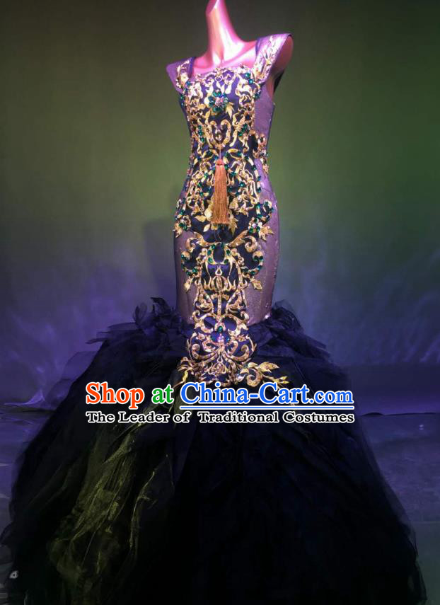 Top Grade Stage Performance Compere Costume Models Catwalks Black Veil Mermaid Full Dress for Women