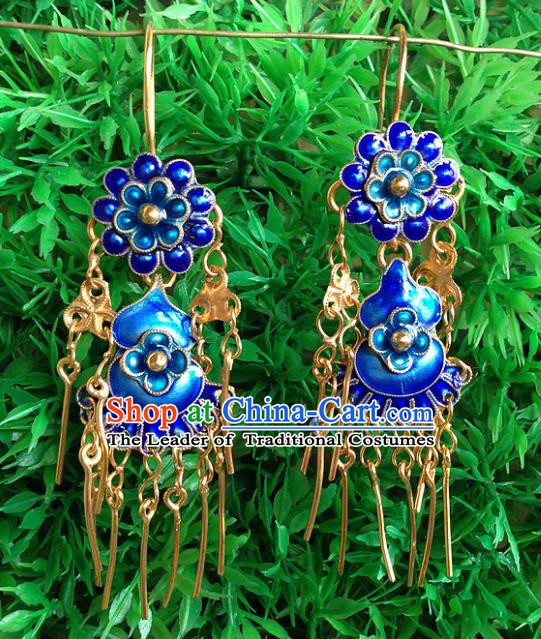 Handmade Chinese Miao Nationality Blueing Calabash Tassel Earrings Hmong Sliver Eardrop for Women