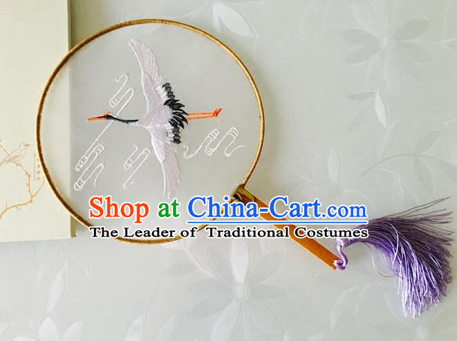 Chinese Traditional Embroidered Crane Palace Fan Ancient Hanfu Round Fans for Women