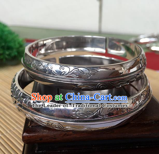 Handmade Chinese Miao Nationality Craft Carving Orchid Sliver Bracelet Traditional Hmong Bangle for Women