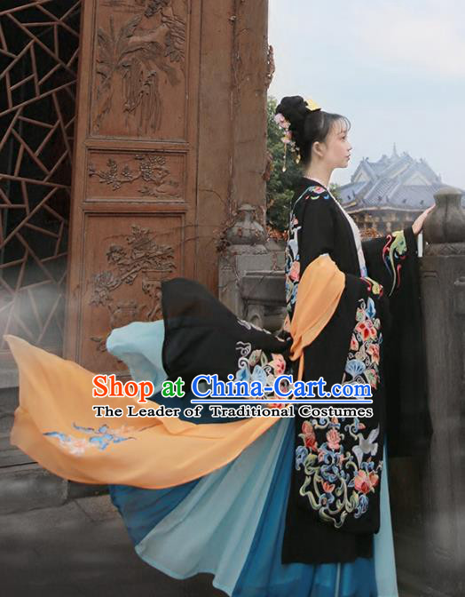 Chinese Tang Dynasty Imperial Consort Costume Ancient Peri Embroidered Black Wide Sleeve Cardigan for Women