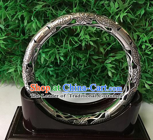 Handmade Chinese Miao Nationality Sliver Bracelet Traditional Hmong Carving Fishes Bangle for Women