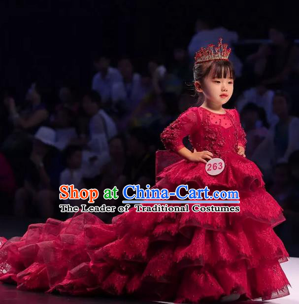 Children Models Show Costume Stage Performance Modern Dance Red Trailing Dress for Kids