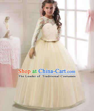 Children Models Show Costume Stage Performance Modern Dance Compere Champagne Lace Veil Dress for Kids