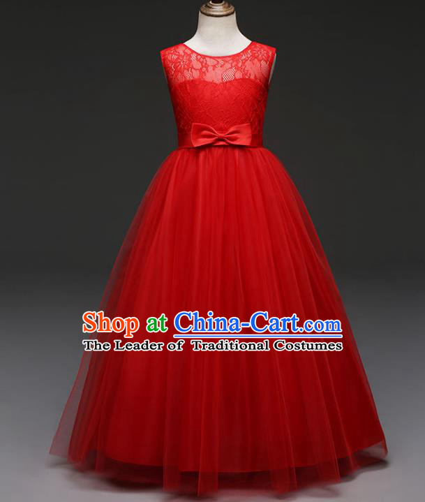 Children Models Show Costume Stage Performance Catwalks Compere Red Veil Dress for Kids