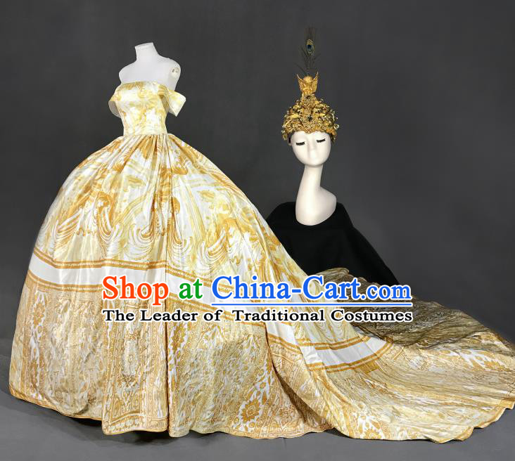 Top Grade Models Show Costume Stage Performance European Court Golden Full Dress for Women