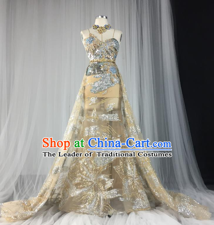 Top Grade Models Show Costume Stage Performance Catwalks Golden Full Dress for Women