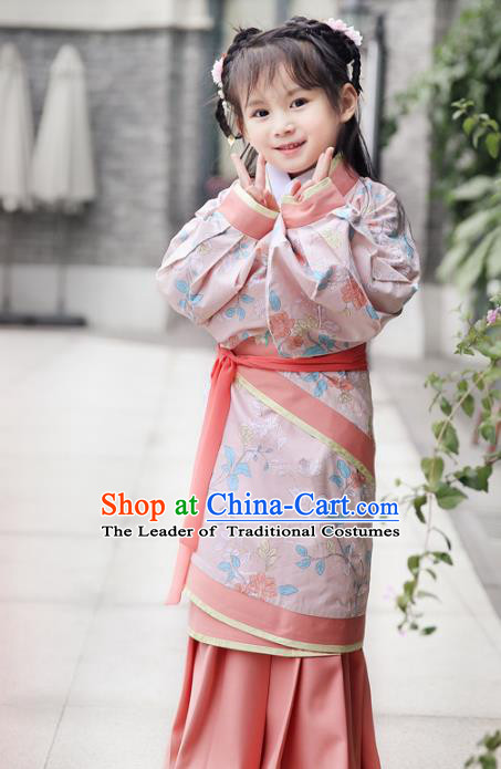 Chinese Ancient Han Dynasty Princess Costumes Children Embroidered Hanfu Pink Curving-Front Robe for Kids