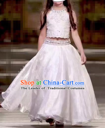 Children Models Show Costume Stage Performance Catwalks Compere White Dress for Kids