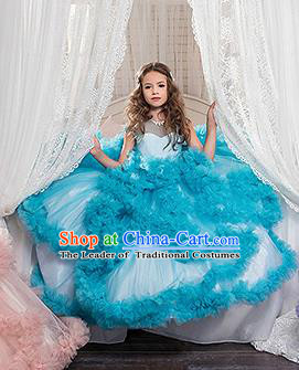 Children Models Show Costume Stage Performance Catwalks Compere Blue Veil Full Dress for Kids