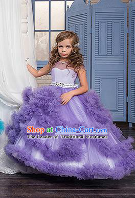 Children Models Show Costume Stage Performance Catwalks Compere Purple Veil Full Dress for Kids