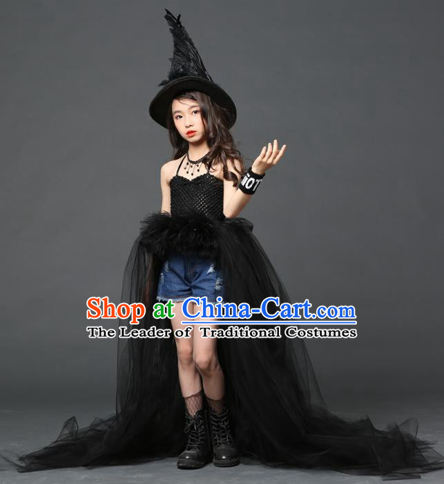 Children Models Show Costume Stage Performance Catwalks Compere Black Veil Dress and Hat for Kids