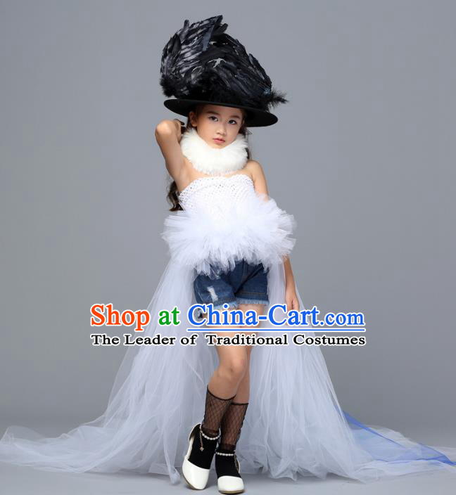 Children Models Show Costume Stage Performance Catwalks Compere White Veil Dress and Hat for Kids